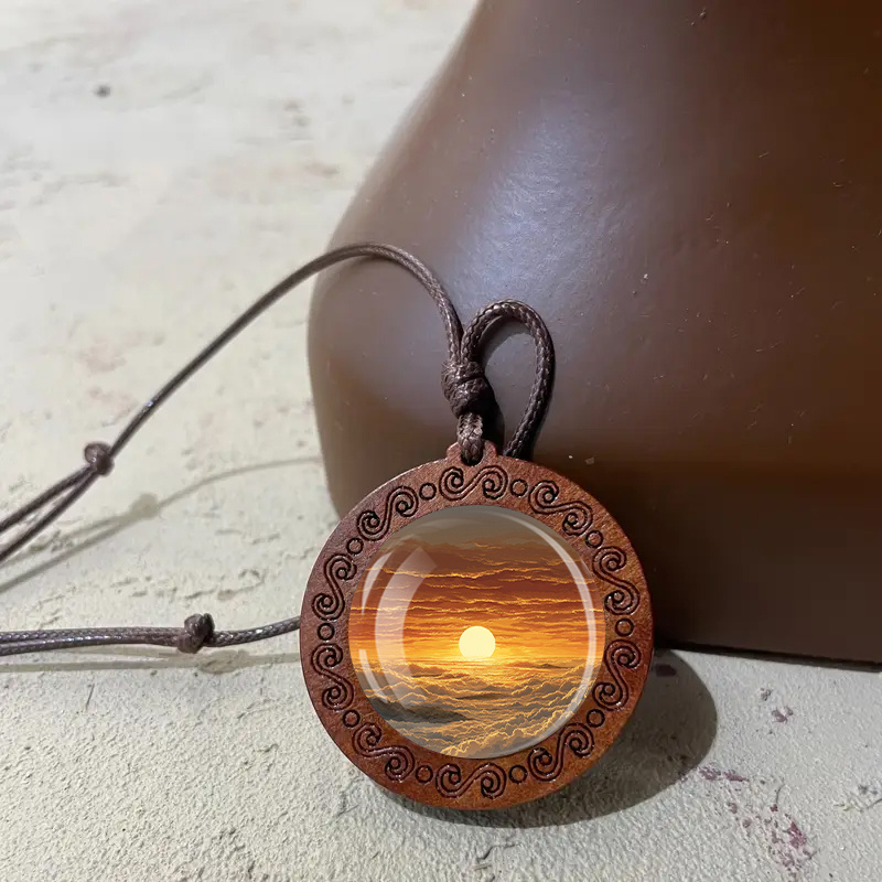Vintage Boho Wooden Pendant Necklace with Glass Inlay